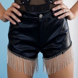 12th Tribe Black Leather Fringe Rhinestone Shorts, LARGE NWT